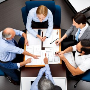 Grupo de profesionales en torno a una mesa revisando documentos y planos, mostrando 10 consejos para la gestión de calidad y productividad en una empresa