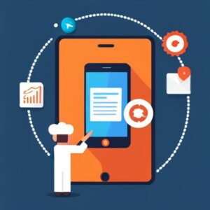 Ilustración de usuario frente a una tablet y un smartphone con iconos de correo, gráfica, nube y ajustes: App de productividad: aumenta tu eficiencia laboral