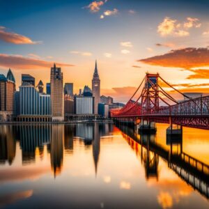 Aumenta tu eficiencia laboral con estos 10 programas de software de productividad: skyline urbano al atardecer con un puente rojo y reflejos en el agua.
