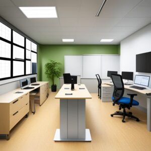 Aumenta la productividad con un enfoque activo en las operaciones en una oficina luminosa con escritorios de pie, estaciones de trabajo, pantallas y sillas ergonómicas