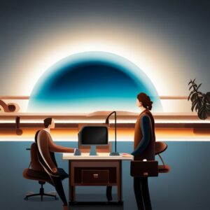 Aumenta tu productividad con una jornada intensiva: consejos efectivos mostrando a dos profesionales en una oficina moderna frente a un ordenador y un gran arco de luz en el fondo.