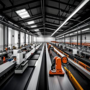 Planta industrial con robots y cintas automatizadas que Aumenta tu productividad laboral con cambios efectivos en procesos de fabricación