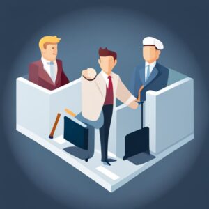 Tres profesionales en cubículos simbolizan Beneficios del análisis FODA: mejorando competitividad y productividad mediante estrategia y coordinación