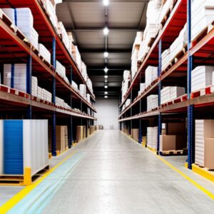 Interior amplio de almacén con pasillo central, estanterías altas y palets organizados que ilustra cómo Calcula y mejora la productividad en un almacén: Guía efectiva