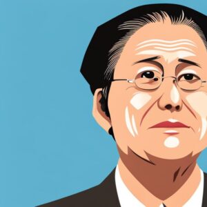 Retrato vectorial de un ejecutivo con gafas y fondo azul; Calcula y mejora la productividad japonesa en tu negocio.