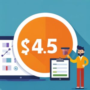 Ilustración con círculo naranja mostrando $4.5, ordenador con gráficos y figura con tablet; Calcula la productividad de un proceso: ¿Cómo y por qué es importante?