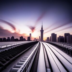 Vías modernas que conducen a un horizonte urbano al amanecer, símbolo de medición y avance: Calcula la tasa de variación de la productividad: Cómo y por qué