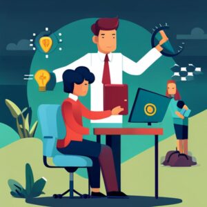 Ilustración de equipo colaborativo con un líder orientando a un empleado frente al ordenador y símbolos de ideas, Cómo mejorar la productividad en tu empresa: guía completa y práctica