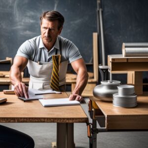 Hombre en taller revisando planos y piezas ilustrando Conceptos básicos de calidad y productividad en el trabajo