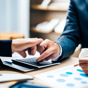 Manos señalando una calculadora y gráficos durante una reunión, ilustrando Conceptos clave para mejorar calidad y productividad en tu negocio.