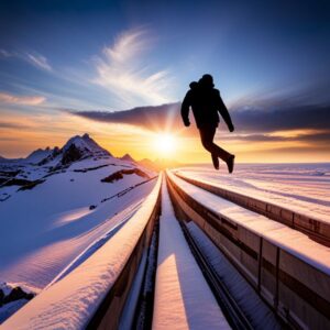 Silueta saltando sobre una vía nevada al amanecer que simboliza Conclusiones sobre herramientas de productividad efectivas.