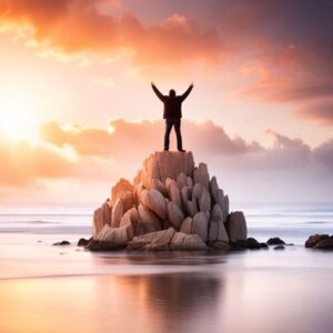 Persona en la cima de una roca al amanecer con los brazos en alto simbolizando Consejos para aumentar productividad y tener éxito emprendimiento