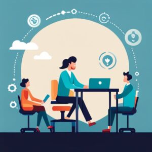 Tres profesionales sentados alrededor de una mesa con laptop y dispositivos ilustrando Consejos efectivos para mejorar la productividad empresarial