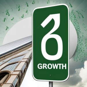 Señal verde con la palabra GROWTH frente a un edificio, símbolo de Crecimiento de la productividad y multiplicador de ingresos.