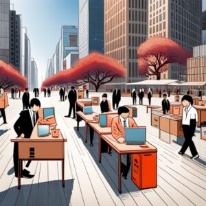 Trabajadores en mesas al aire libre con laptops en una plaza urbana representando un Diagnóstico de productividad en empresas japonesas