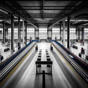 Interior de fábrica con líneas de ensamblaje que ilustran la Diferencia producción y productividad en empresas.