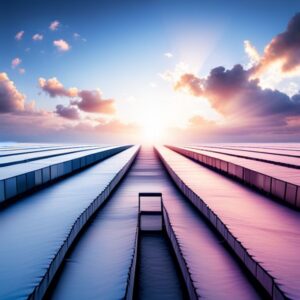 Filas simétricas de paneles solares al amanecer ilustrando Diferencias y similitudes de eficiencia, eficacia y productividad.