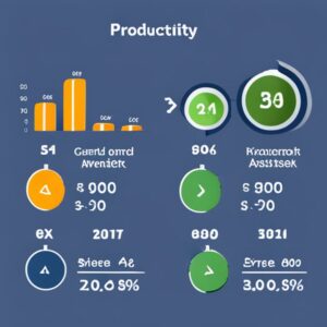 Infografía con ejemplos de indicadores para medir la productividad en una empresa representada mediante gráficos de barras y medidores circulares