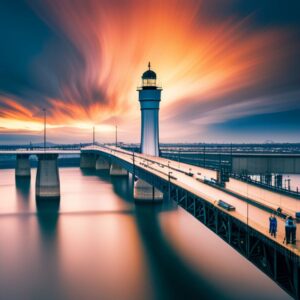 Faro imponente junto a un puente curvo al atardecer con tráfico y peatones, evocando Ejemplos de KPIs de productividad para tu negocio.