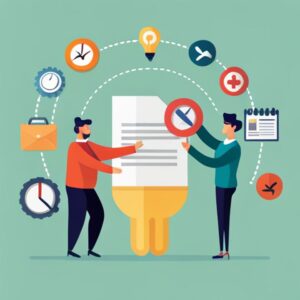 Dos personas revisando un documento con forma de bombilla y lupa, rodeadas de iconos de reloj, calendario, correo y engranajes que representan Estrategias para aumentar la productividad cuando está baja