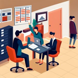 Equipo colaborativo en oficina planificando Estrategias para mejorar productividad en empresas.