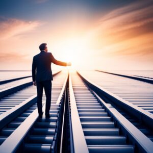 Hombre de negocios caminando por vías hacia un amanecer simbólico que sugiere dirección, decisiones y enfoque: Factores que impactan en la productividad: descúbrelos ahora
