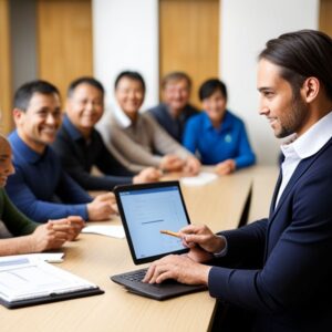 Presentador muestra en una tablet la Fórmula para calcular productividad en el trabajo durante una reunión de equipo.