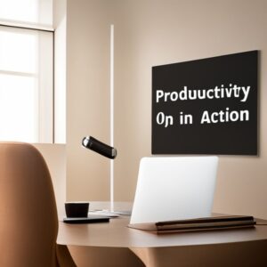 Escritorio minimalista con portátil, lámpara y cartel motivacional que sugiere enfoque, perfecto para la Fórmula de productividad en tiempo: Cómo aplicarla eficientemente.