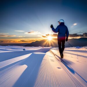 Persona con casco y bastón caminando sobre nieve perfectamente acanalada al amanecer, reflejando los Fundamentos de la ingeniería de productividad y calidad.