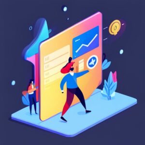 Ilustración de panel interactivo con gráficos, listas y personajes que representa una Guía de artículos sobre productividad en empresas.