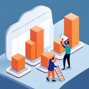 Ilustración de dos personas revisando gráficos de barras y tablet como parte de una Guía para calcular el incremento de productividad en tu empresa.