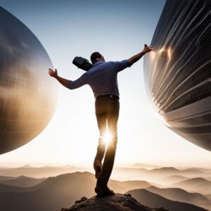 Persona equilibrándose entre dos esferas arquitectónicas al amanecer, simbolizando Herramientas para evaluar la productividad en un proyecto.