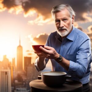 Hombre mayor sosteniendo una taza y un recipiente mientras contempla el skyline al amanecer; Las 10 mejores recetas de IFTTT para aumentar tu productividad