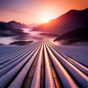 Tuberías industriales convergentes hacia un amanecer sobre montañas y niebla, Medición eficiente de la productividad de un país - Guía completa