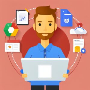 Persona con portátil rodeada de iconos de aplicaciones, documentos y nube que representa El mejor curso de Google para aumentar tu productividad personal