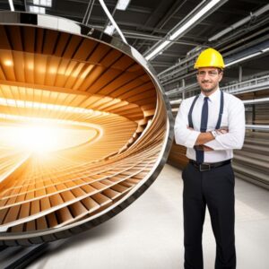 Ingeniero con casco amarillo frente a una turbina industrial brillante simbolizando Mejora calidad y productividad en sistemas de información