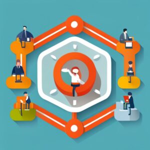 Ilustración de red colaborativa con nodos y profesionales conectados, simbolizando Mejora tu productividad y empleabilidad con competencias emprendedoras.