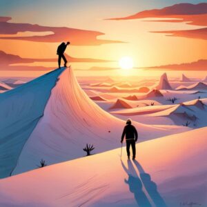 Dos figuras en dunas al amanecer, una en la cima guiando a otra, simbolizan esfuerzo y dirección para Mejora la productividad en las pymes: Consejos y estrategias eficaces.