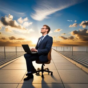Profesional en traje sentado al aire libre con portátil frente al mar al atardecer, Mejora tu rendimiento laboral con consejos y trucos de productividad