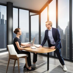 Dos profesionales en una oficina con vistas a la ciudad discuten Mejores prácticas de recursos humanos para calidad y productividad junto a un ordenador portátil