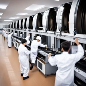 Técnicos con batas blancas operando una línea de ensamblaje en ambiente controlado, representando el Proceso de producción en una empresa: cómo funciona y etapas clave.