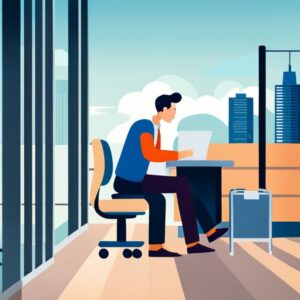 Hombre trabajando en oficina con portátil y maletín que simboliza Productividad marginal de un input variable en la producción.