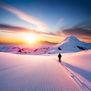 Persona caminando por un paisaje nevado al amanecer que simboliza Proyectos de productividad y calidad para tu empresa.