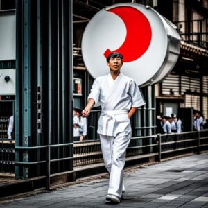 Secretos de alta productividad en Japón: éxito en 50 caracteres, hombre con uniforme blanco caminando frente a un gran letrero circular rojo en una calle urbana