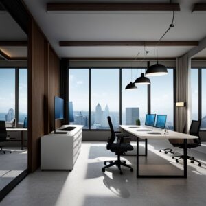 Oficina moderna y luminosa con escritorios compartidos, monitores dobles y sillas ergonómicas — Suite de productividad: maximiza tu eficiencia laboral