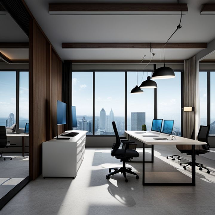 Oficina moderna y luminosa con escritorios compartidos, monitores dobles y sillas ergonómicas — Suite de productividad: maximiza tu eficiencia laboral