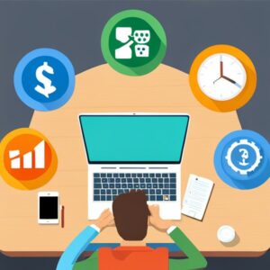 Persona trabajando en un portátil visto desde arriba con iconos de reloj, dinero, gráfico y engranaje que ilustran Técnicas efectivas para aumentar la productividad en el trabajo