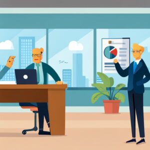 Reunión en oficina con gráfico y presentador sobre Teoría de la productividad marginal creciente en economía: explicación.